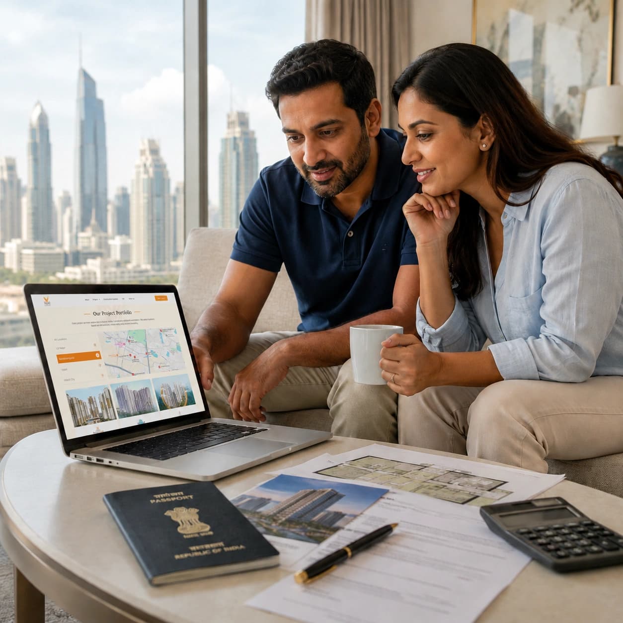 NRI couple reviewing property portfolio